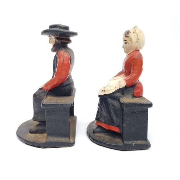 Vintage Cast Iron Amish Man Woman Bookends Pioneer - Picture 6 of 11